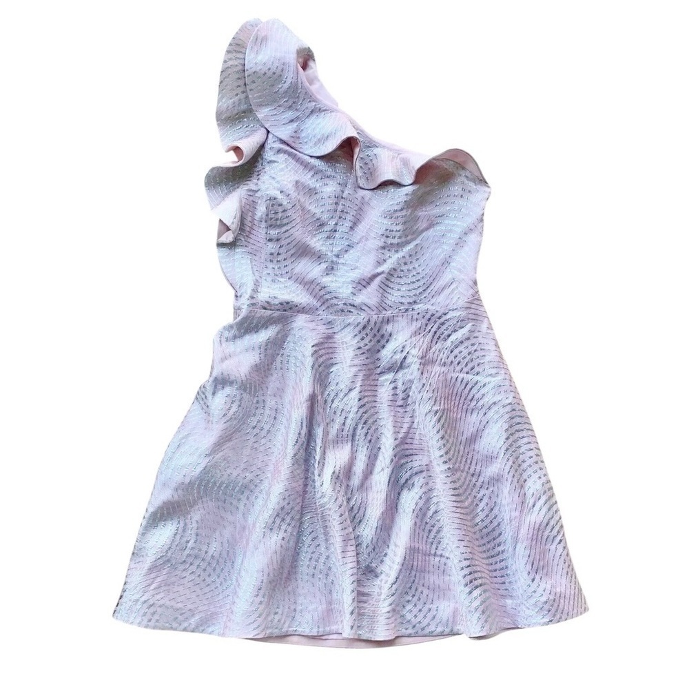 Nha Khanh One Shoulder Ruffle Metallic Iridescent Dress Blush Aqua Silver Sz 12